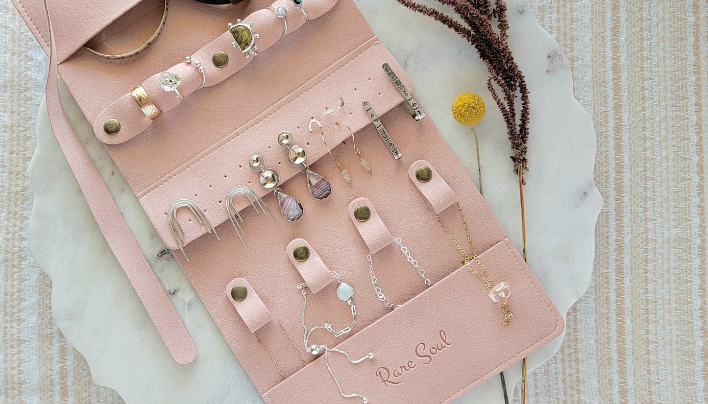 travel jewelry roll | vegan microfiber suede | rare soul accessories jewelry