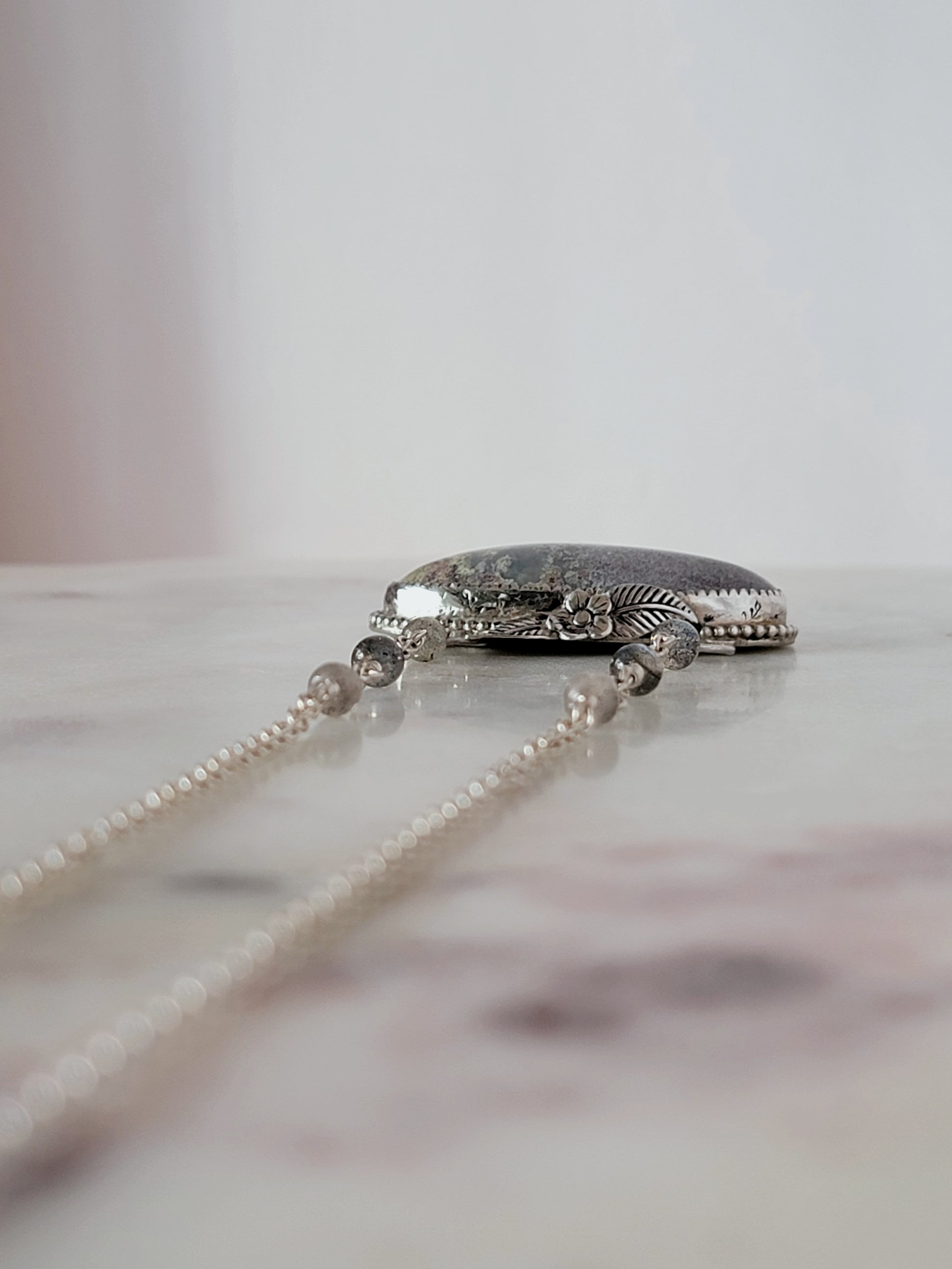 moss agate pendant with sterling silver flower and labradorite beads necklace | rare soul accessories jewelry