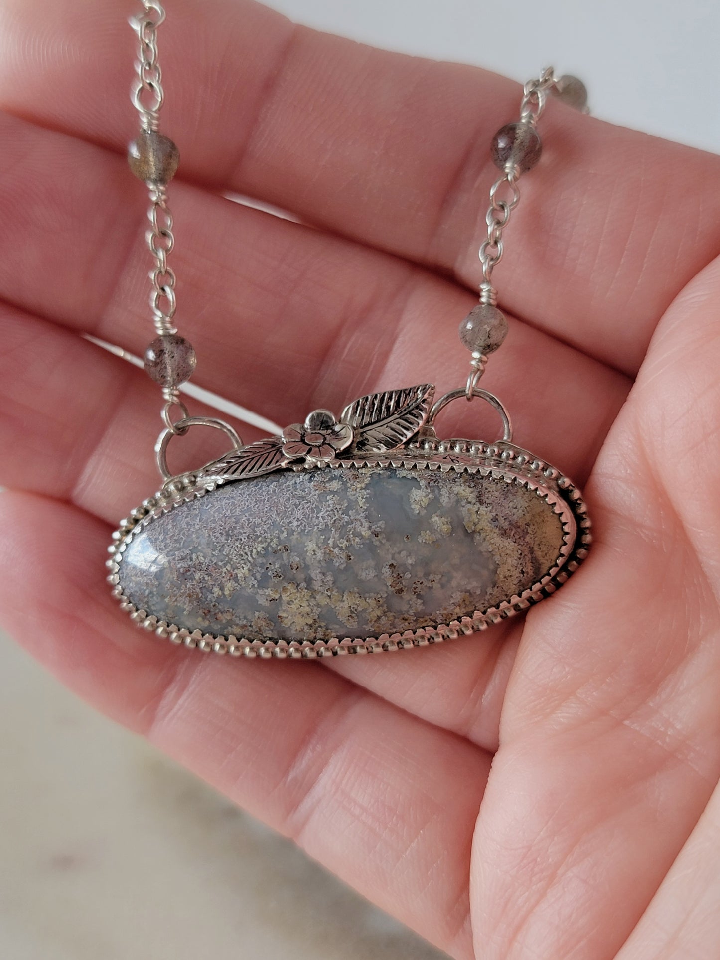 moss agate pendant with sterling silver flower and labradorite beads necklace | rare soul accessories jewelry
