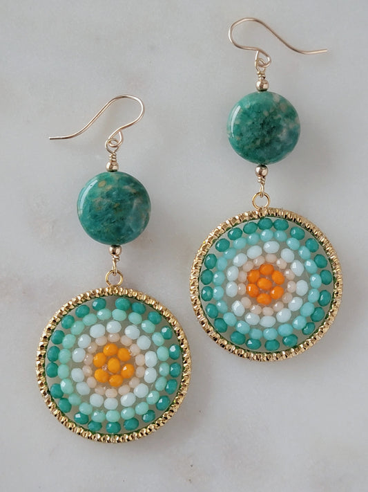 ombre blue-green and orange crystals in concentric circle pattern with russian amazonite and 14k gold fill earrings | rare soul accessories jewelry