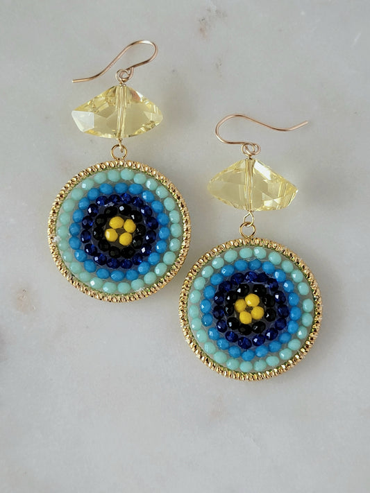 ombre blue and yellow concentric circle statement dangle earrings with pale yellow crystals and 14k gold fill | rare soul accessories jewelry
